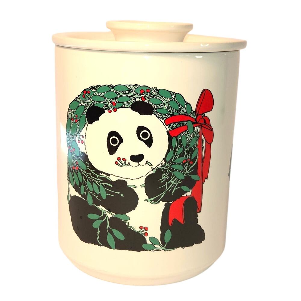 Vintage 1984 Taylor & Ng Christmas Panda Ceramic Cookie Jar Holiday Wreath